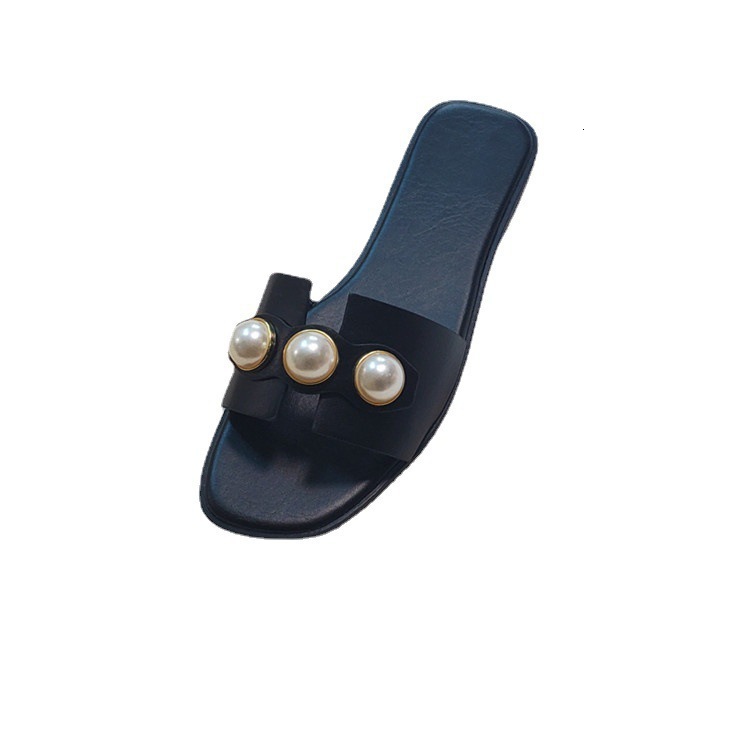 2025 New Large Pearl Flat One Word Slippers Designer Women's Summer New Solid Color Square Toe Outdoor Beach Sandals