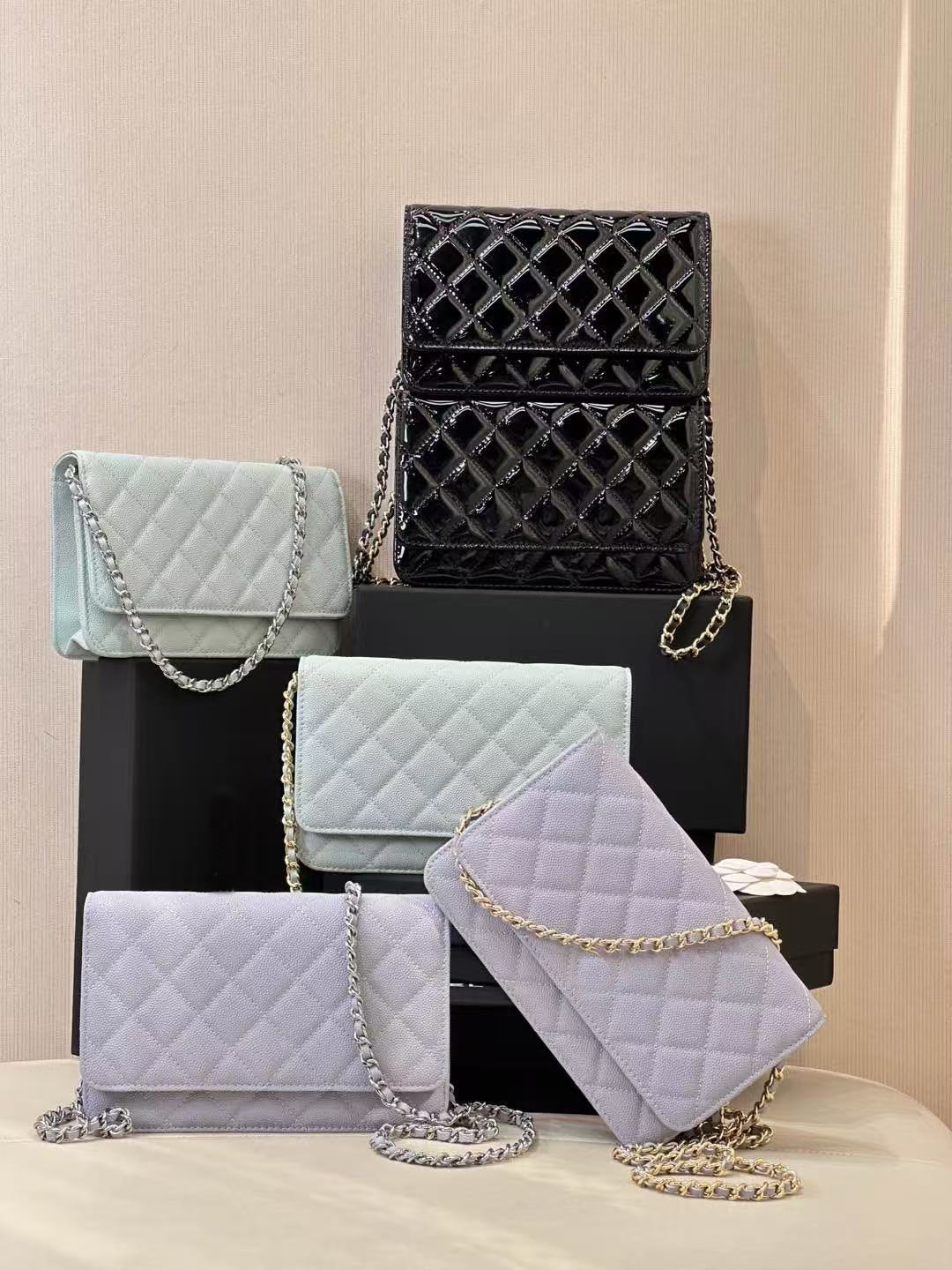 12A upgraded magnetic hasp metal zip handles chip authentication mini woc shoulder bags women plaid handbag caviar sheepskin leather cross body tote purse wallet