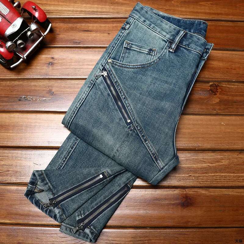 Street Style Zipper Design Motorcycle Jeans For Trendy Wild Stretch Slim Fit Skinny 2024 New Retro Trousers Men