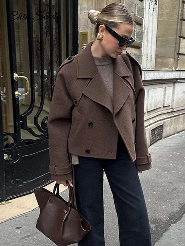 Casual Lapel Short Trench Coat For Women With Belt Long Sleeve Elegant Double Breasted Jacket Autumn Winter Vintage Outwear