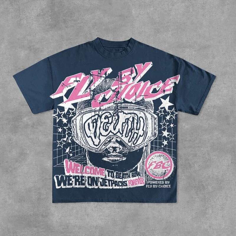 Retro Fly by Choice Death pattern cotton short sleeved T-shirt for men's Y2K oversized short sleeved T-shirt for women's streetwear top