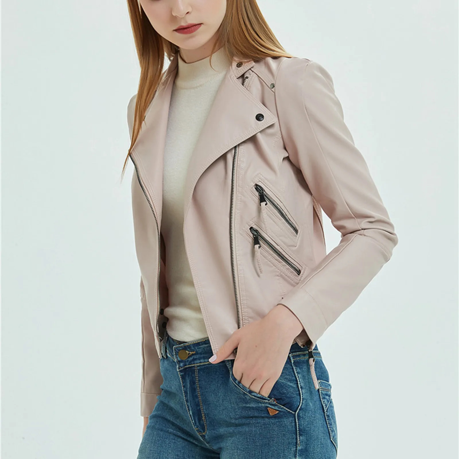 Womens motorcycle leather jacket zipper casual lapel crop coat long street short sleeved autumn and winter fashionable top 250226