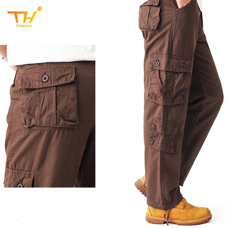 Mens tactical solid color coated highquality cotton multi pocket Trouser sports training casual work pants 250304