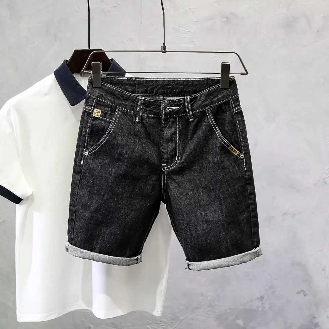 Summer Mens Elastic Slim Fit Denim Shorts Y2K New Harajuku Black Blue Cargo Jeans ShortsT250305