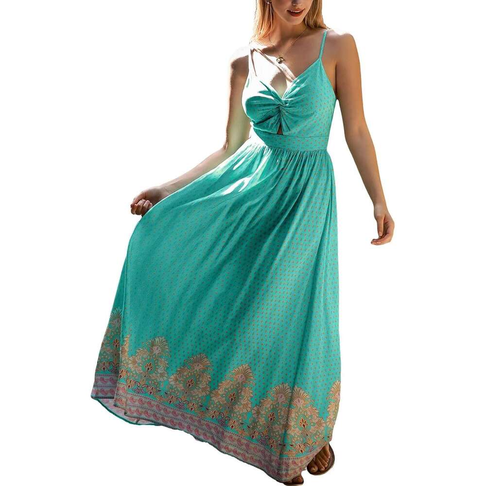 Women's extra long with floral print and twisted V-neck sleeveless dress for summer casual wear