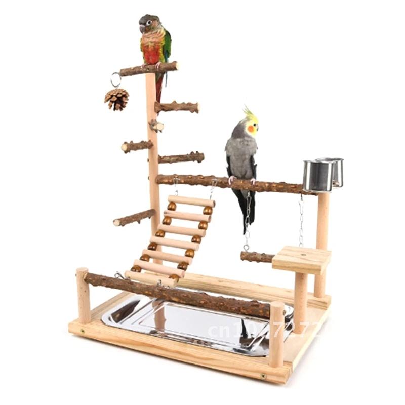 Parrot Playstand Bird Plays Stand Cockatiel Perch Wooden Playground Playground Gym Ladder Plate with Toy Metal Feeder