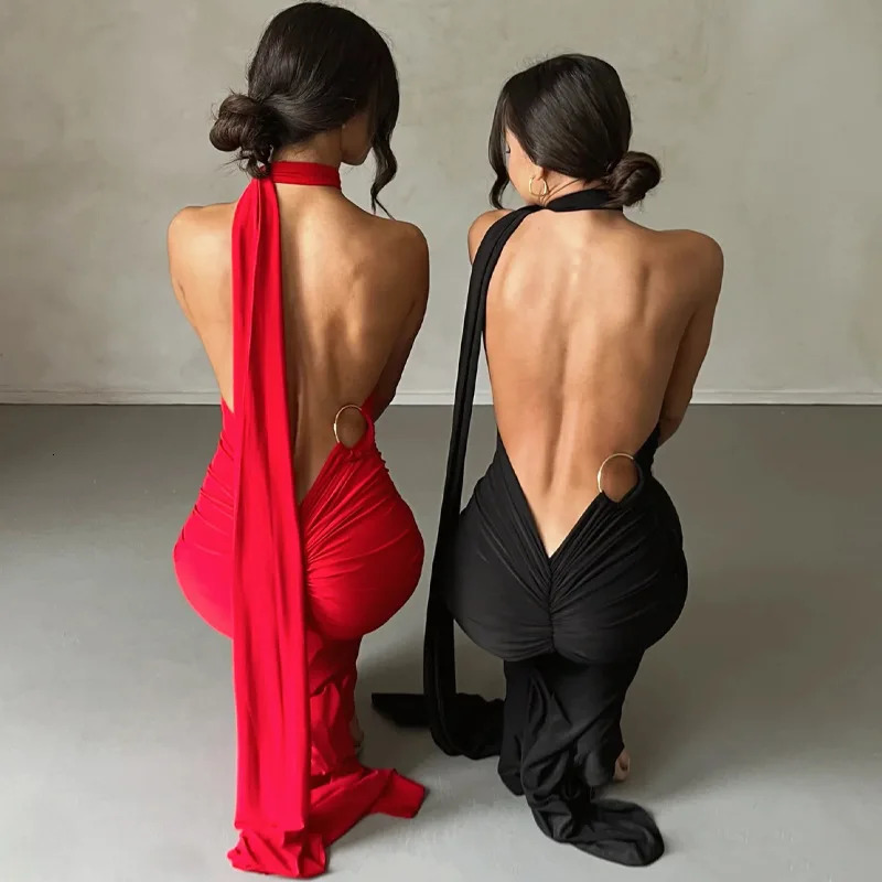 Sexy Irregular Maxi Dress One Shoulder Sleeveless Backless Ruched Bodycon Dresse Party Club Evening Prom Streetwear 250304