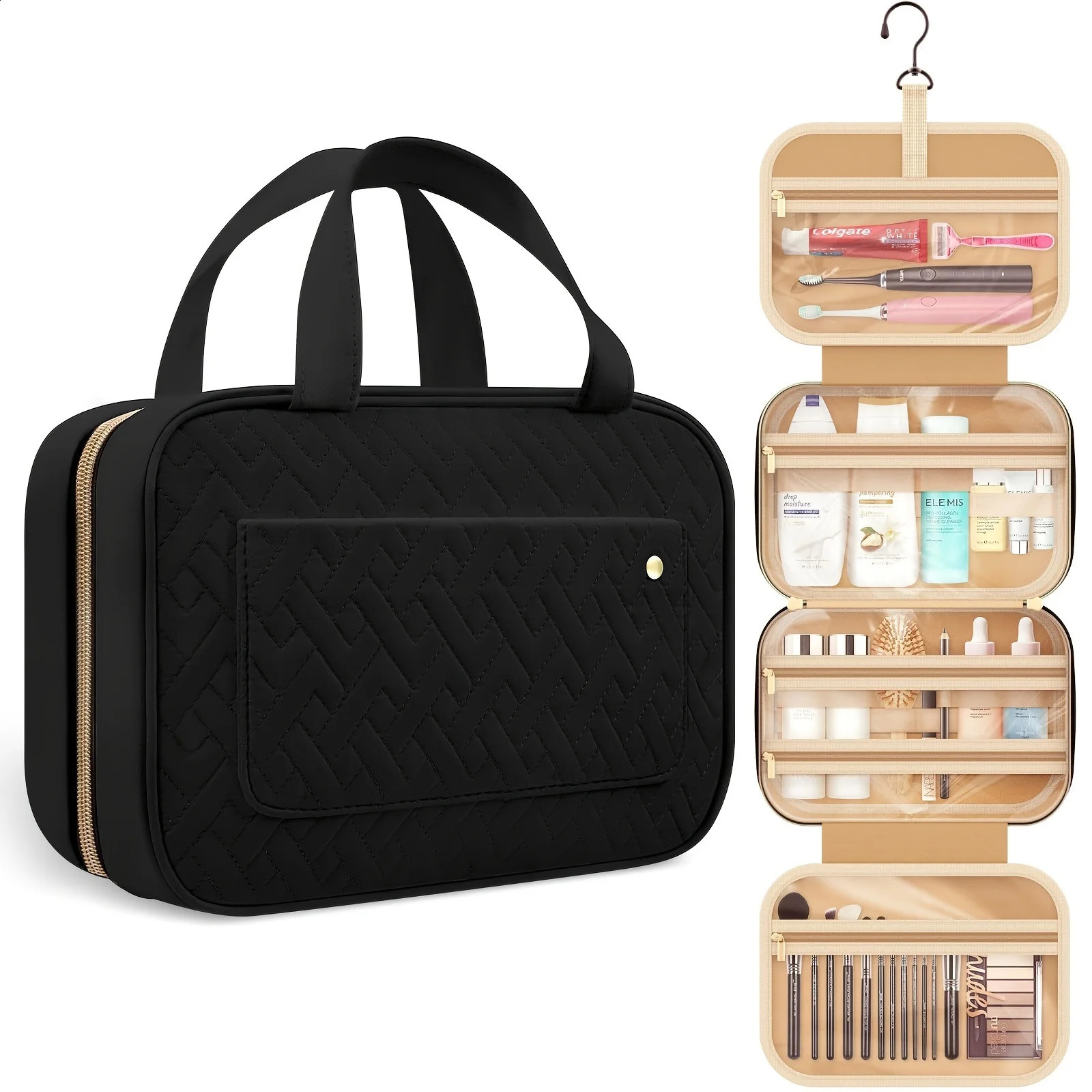 Ship from US Waterproof Travel Toiletry Bag Stylish Hanging Organizer with Durable Compartments for Makeup Fullsized Shampoo Bottles To 250305FBB