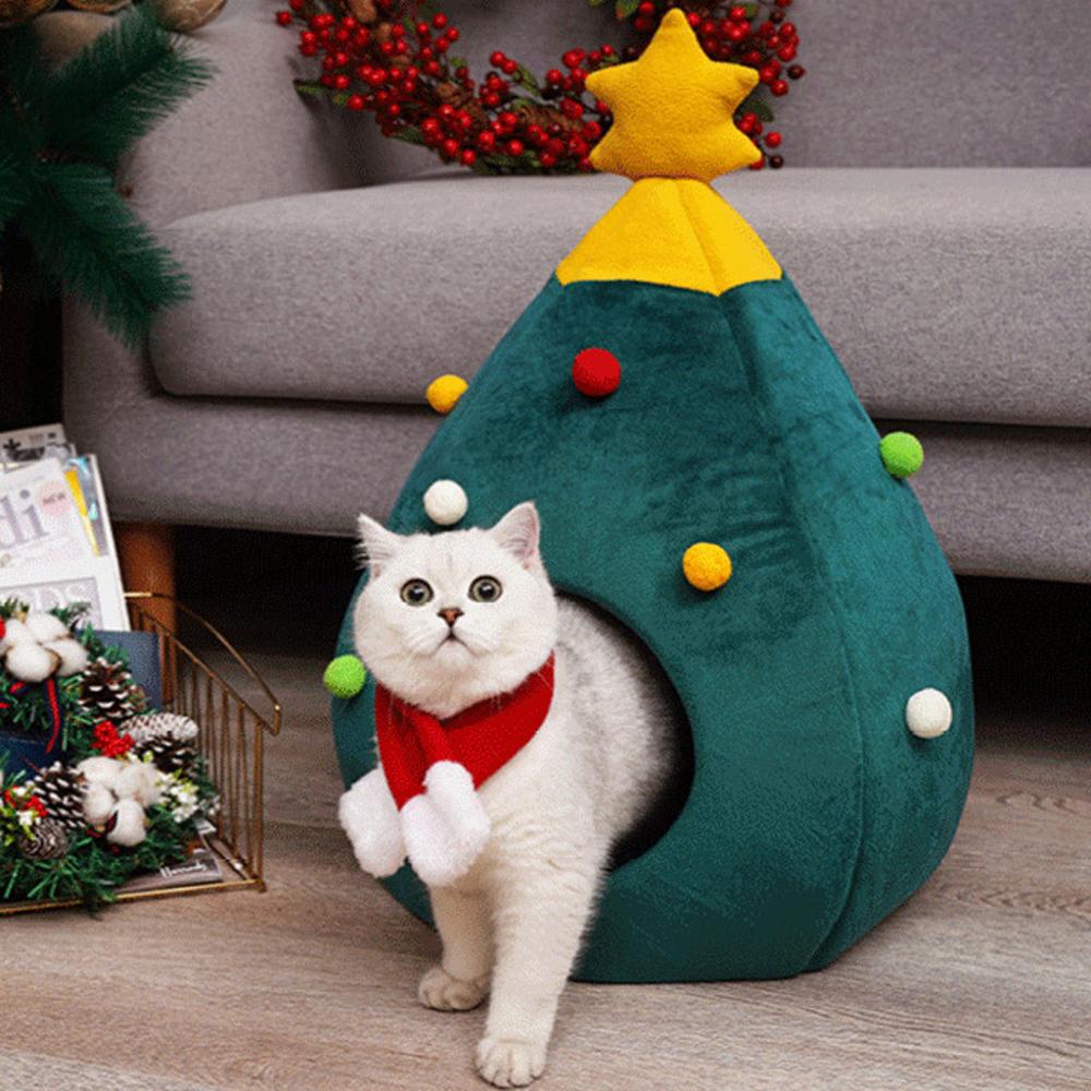 Durable Pet Bed Cute Green Christmas Tree Shape Cat House Half Closed Pet Cat Litter Gift for Cat Christmas Warm Soft Winter