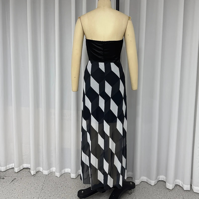 Wefads Midi Dres Fashion Sleeveless Tube Nipped Waist Contrast Multifaceted Printed Evening Party Dresses Streetwear 250304