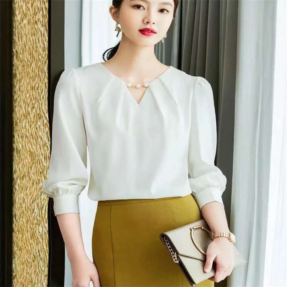 2024 New Office Lady Women's Clothing Korean Elegant Fashion Chiffon Solid Blouses V-Neck White Tops T-Shirt For Women Fashion