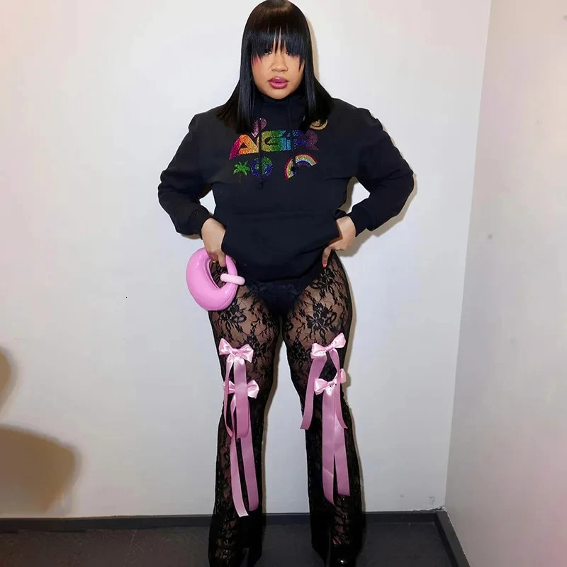 Womens Lace See Through Bow Trousers Sexy Tulle Balletcore Bell-Bottomtrousers Pant Casual Pants Flared Trousers Club Wear 250304