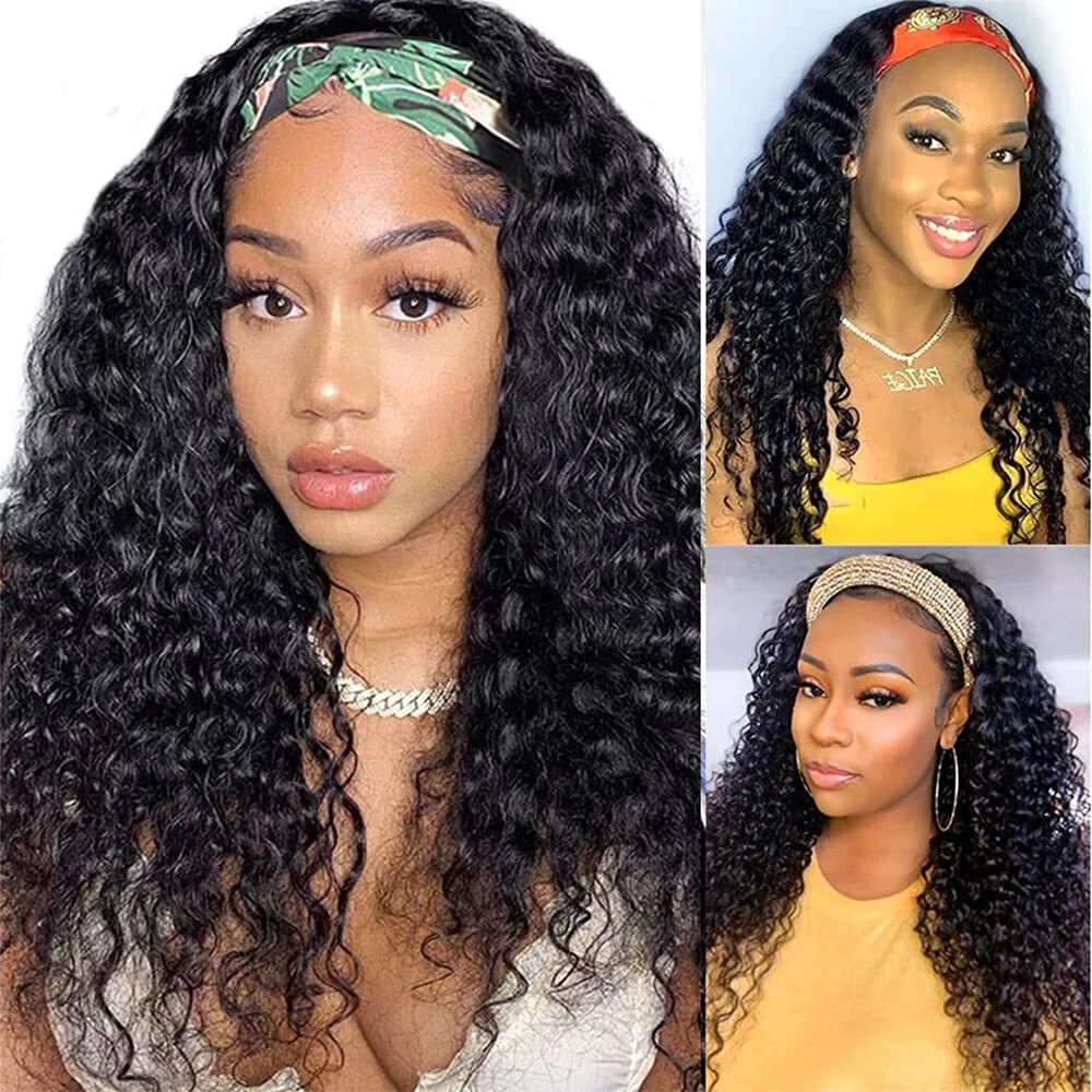 WENYAN Headband Real Deep 40.64cm Suitable for Women Glue Non Lace Front Roll Wave Brazilian Virgin Hair Wearing and Departure Machine Made 150% Densi
