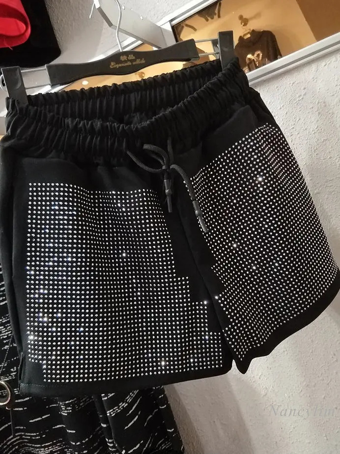 Shorts for Women Spring Summer Elastic Waist Diamond Wide Leg Loose Shiny Female Cloth 2023 250304