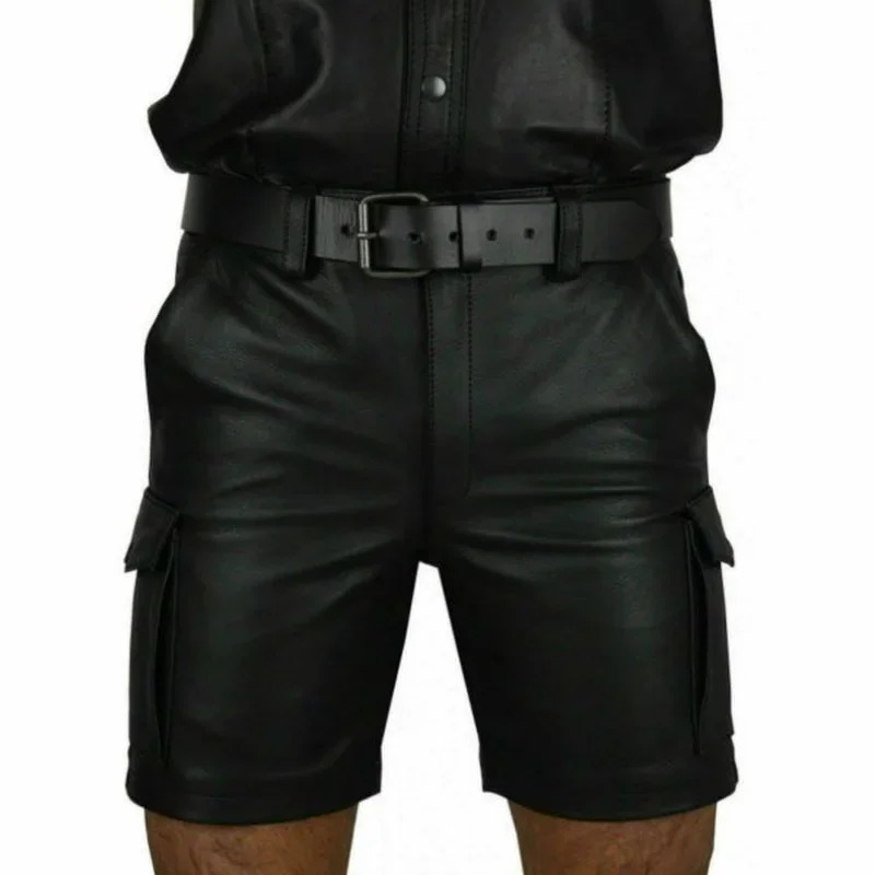 Solid Color PU Leather Pants Casual Mens Short Summer Fashion Trend Club Punk Style Shorts for Men 250304