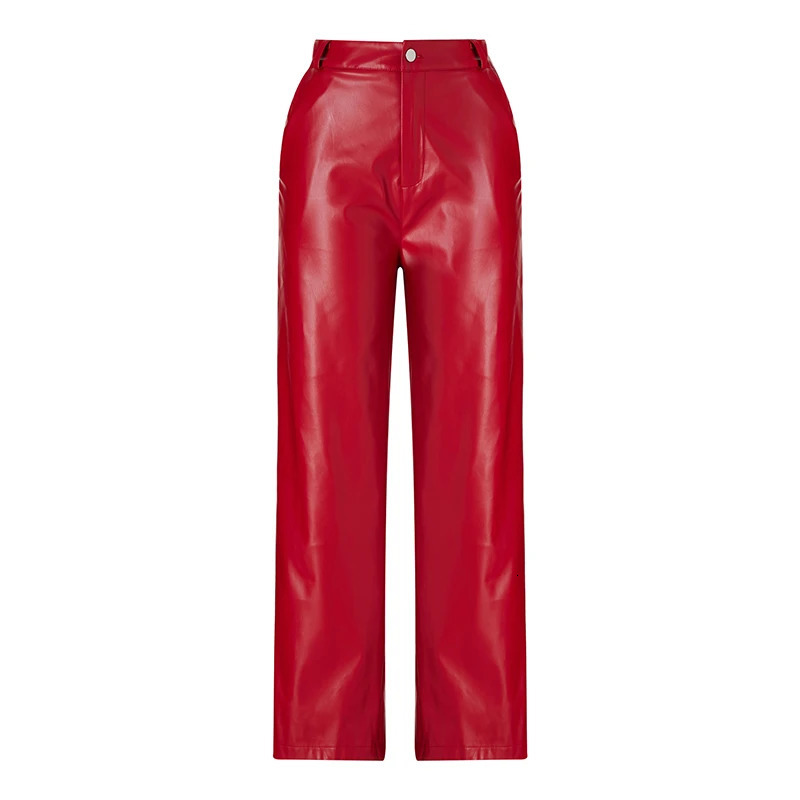 Women Loose Style PU Leather Trousers with Pockets Solid Color High Waist Straight-leg Pants Brown/ Black/Green/Red 250304