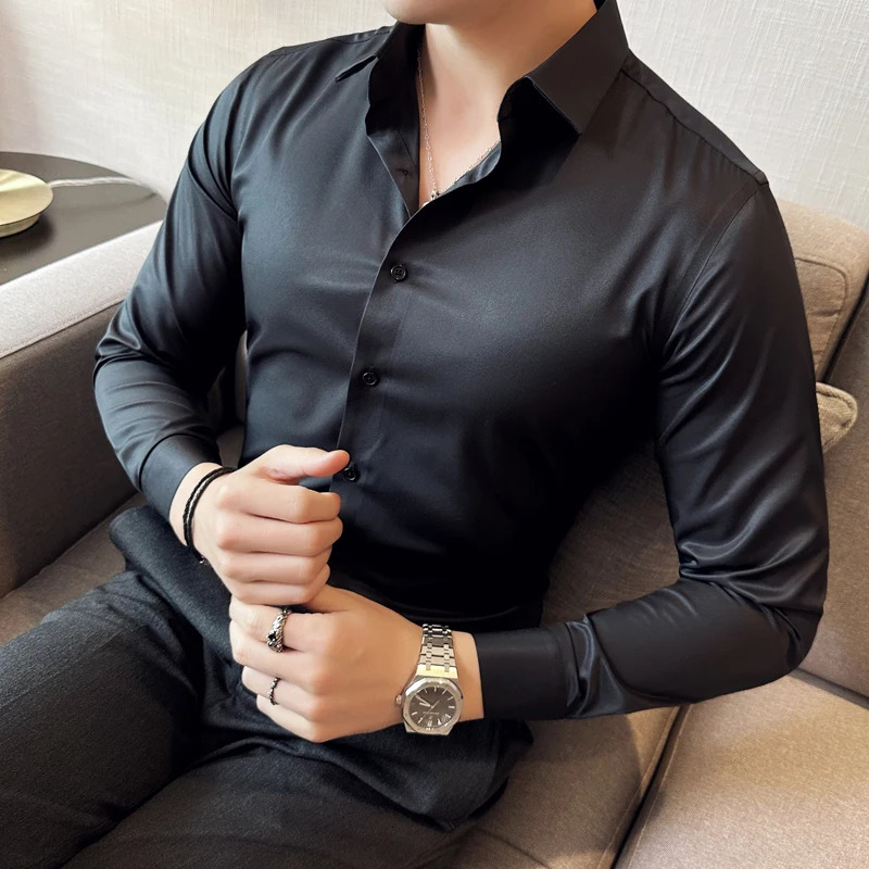 Mens Shirts Plain Color Dress Elastic Slim Fit Social Shirt Long Sleeve Elegant Prom Tuxedo Big Size 250227