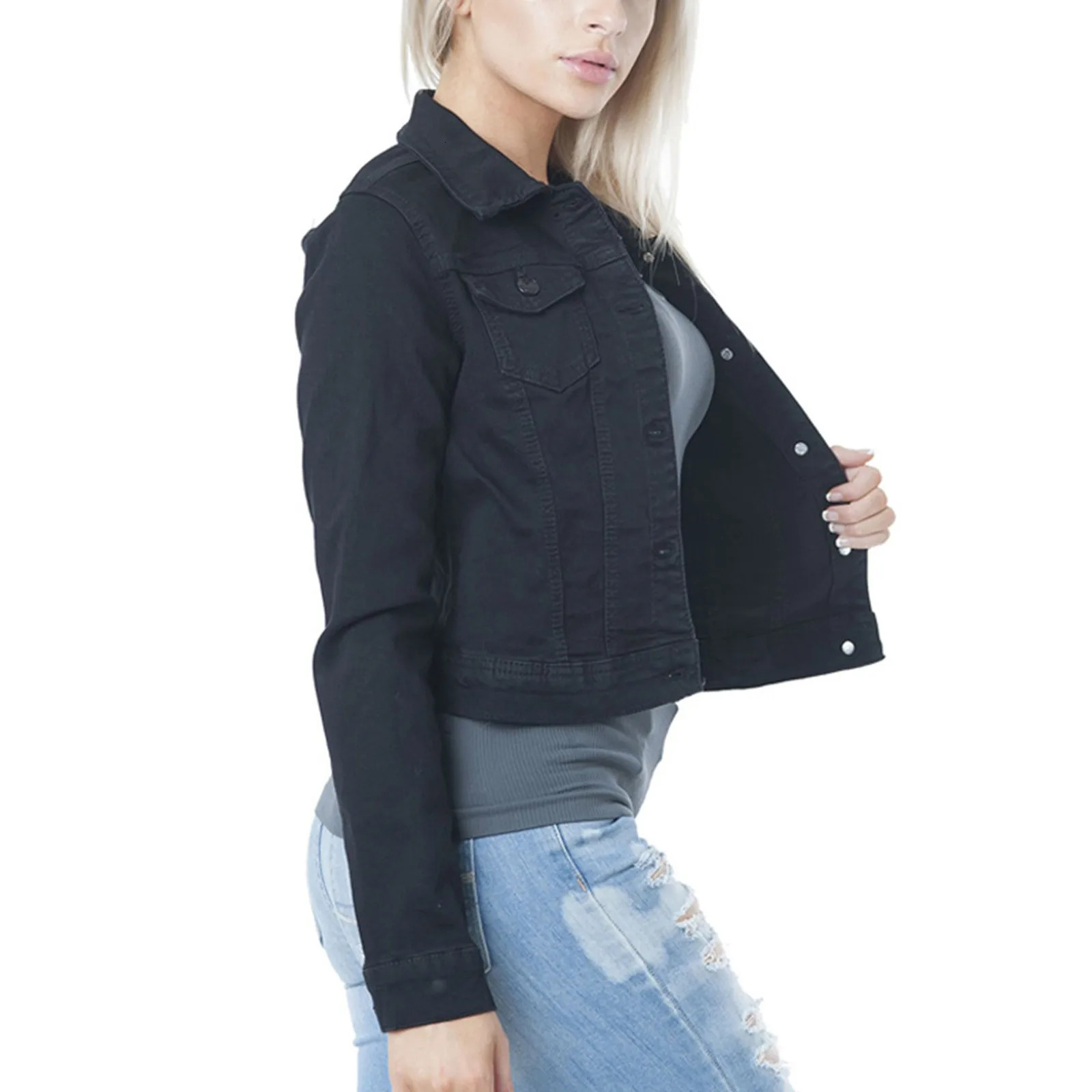 Long Sleeve Winter Slim White Black Jeans Jacket For Women Solid Denim Woman Tops Short Coat Ladies Jackets Outerwear 250304