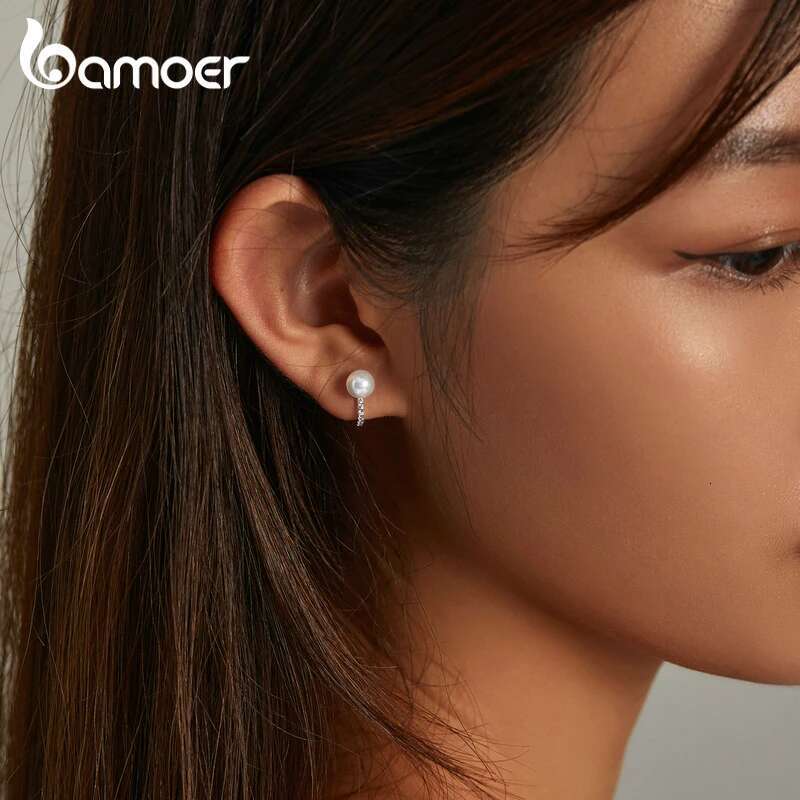BAMOER Sterg Sier Pearls Ear Buckle Simple Crystal Heart Star Stud Earrings for Women Wedding Jewelry Gift
