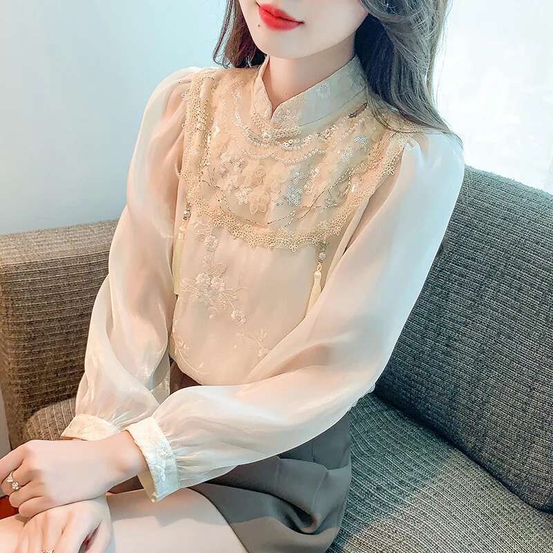 #2547 Spring Vinage Chiffon Women Stand Collar Ladies Tops And Blouses Split Joint Sequined Embroidery Long Sleeve Blouse