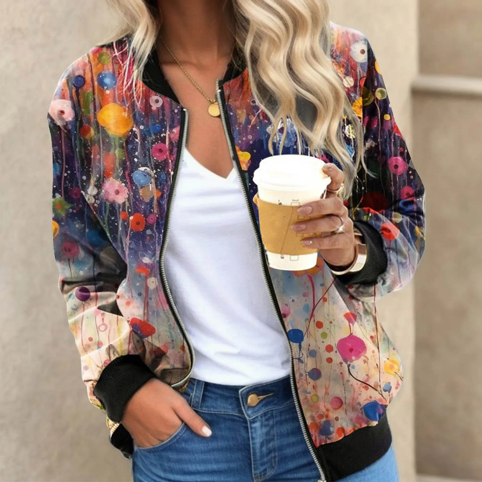 3D Floral Printed Womens Jackets Coat Outwear Autumn Long Sleeve Slim Bomber Jacket Tops Casual Woman Zipper Short Jackets 250304
