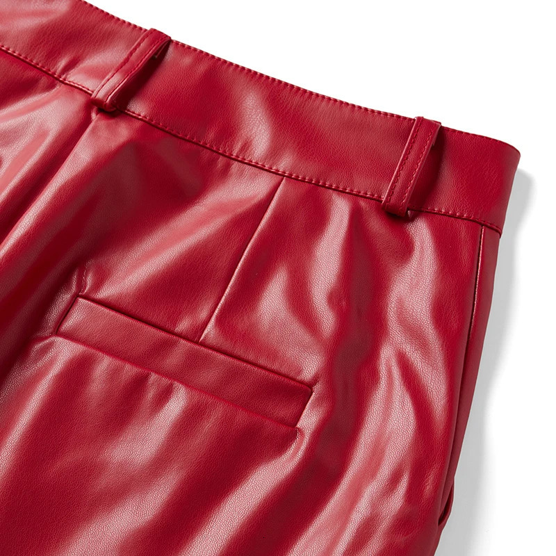 Women Loose Style PU Leather Trousers with Pockets Solid Color High Waist Straight-leg Pants Brown/ Black/Green/Red 250304