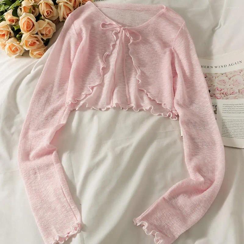 Womens Knits Summer Women Thin Sunscreen Cardigan Lace-up Knitwear Tops Female Korean Style Lantern Sleeve Short Coat Casual Sun Protected