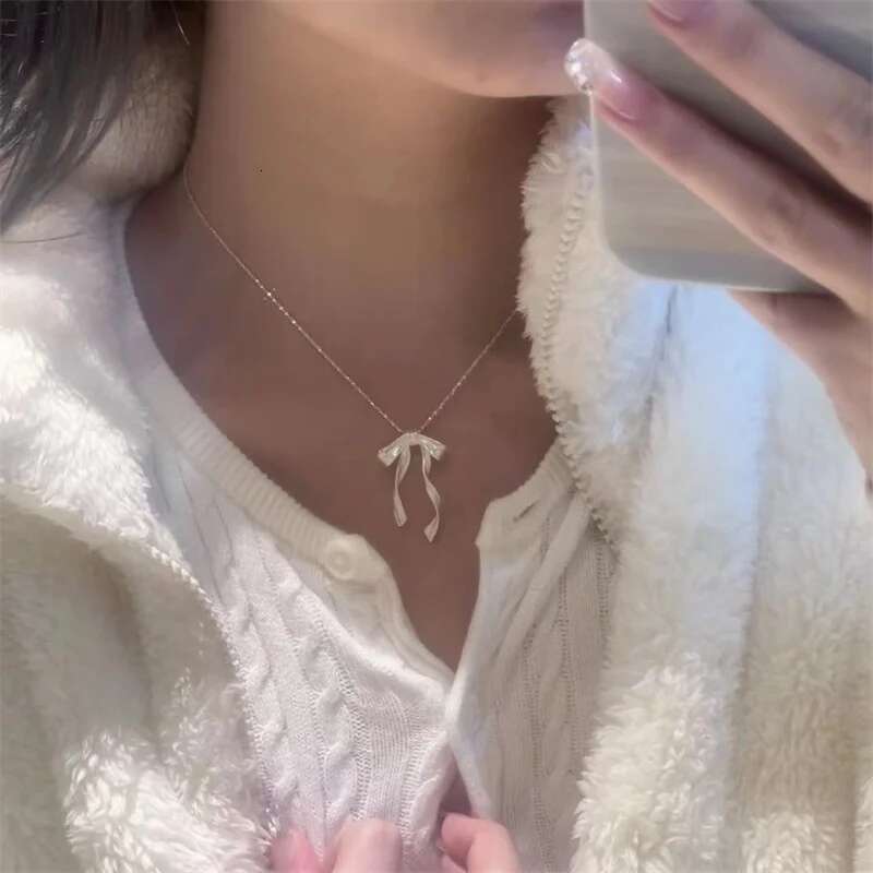 Exquisite Clavicle Elegant Scrub Bow Pendant Necklace For Women Girls Temperament Collar Chain Korean Student