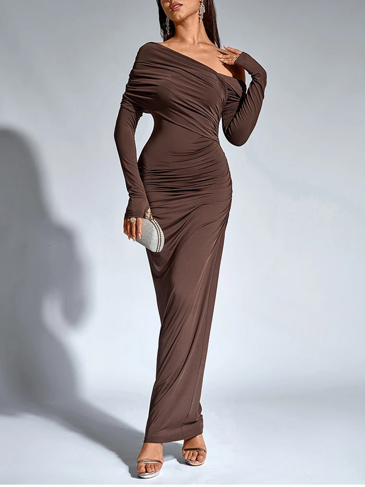 Asia Womens Long Sleeve Asymmetric Neck Dress One Shoulder Ruched Bodycon Fashion Club Party Maxi Dresses Brown Autumn 250304