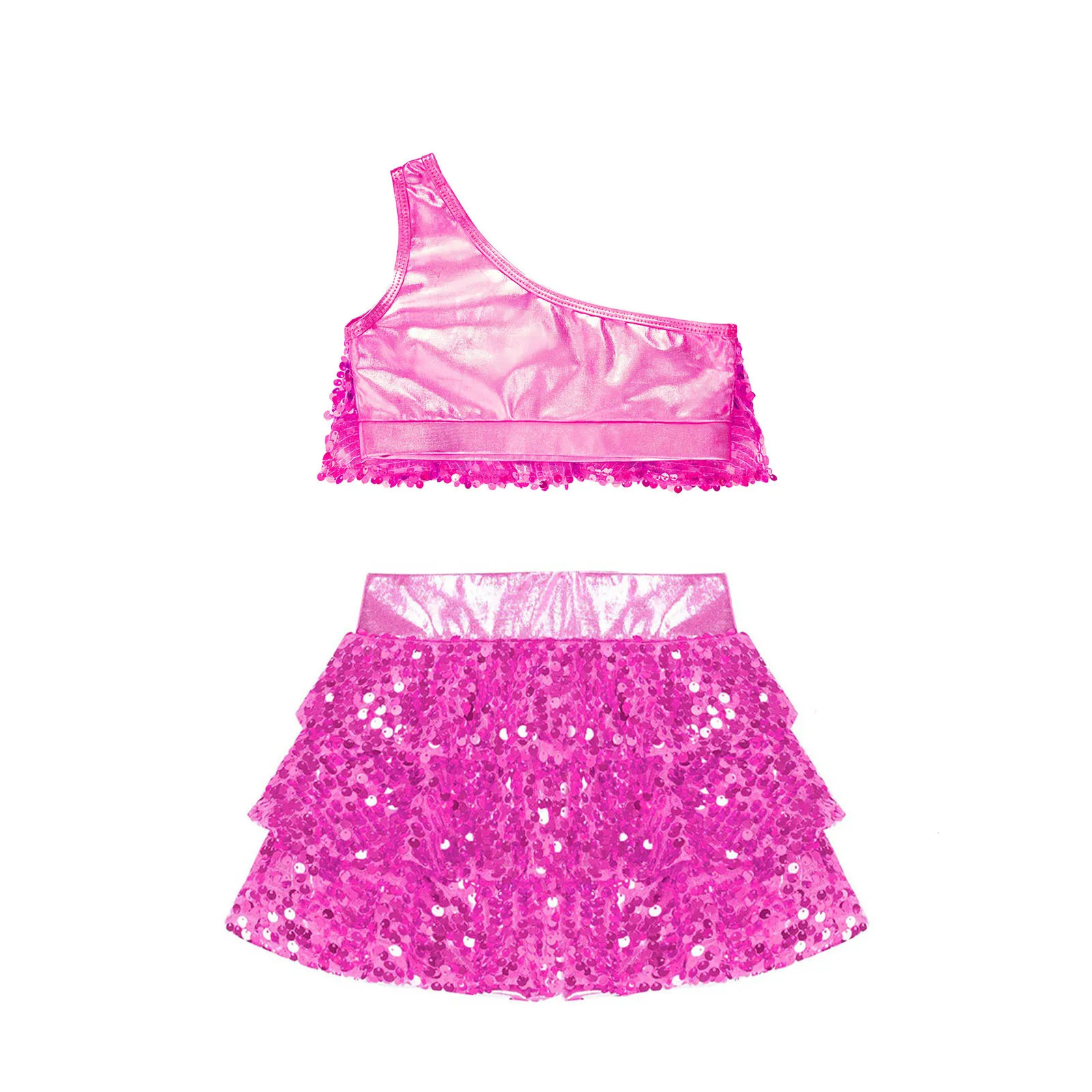 Kids Girls Sequins Jazz Dance Costumes Sleeveless Ballet Gymnastics Crop Top Skirt Set Hip Hop Ballroom Performance Clothes 250304