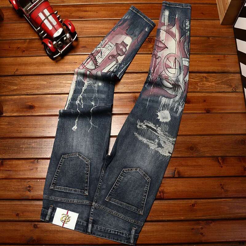High-Grade Printed Fashion Jeans Men's Slim Fit Light Casual Trend Washed Stretch Denim Long Skinny Pants