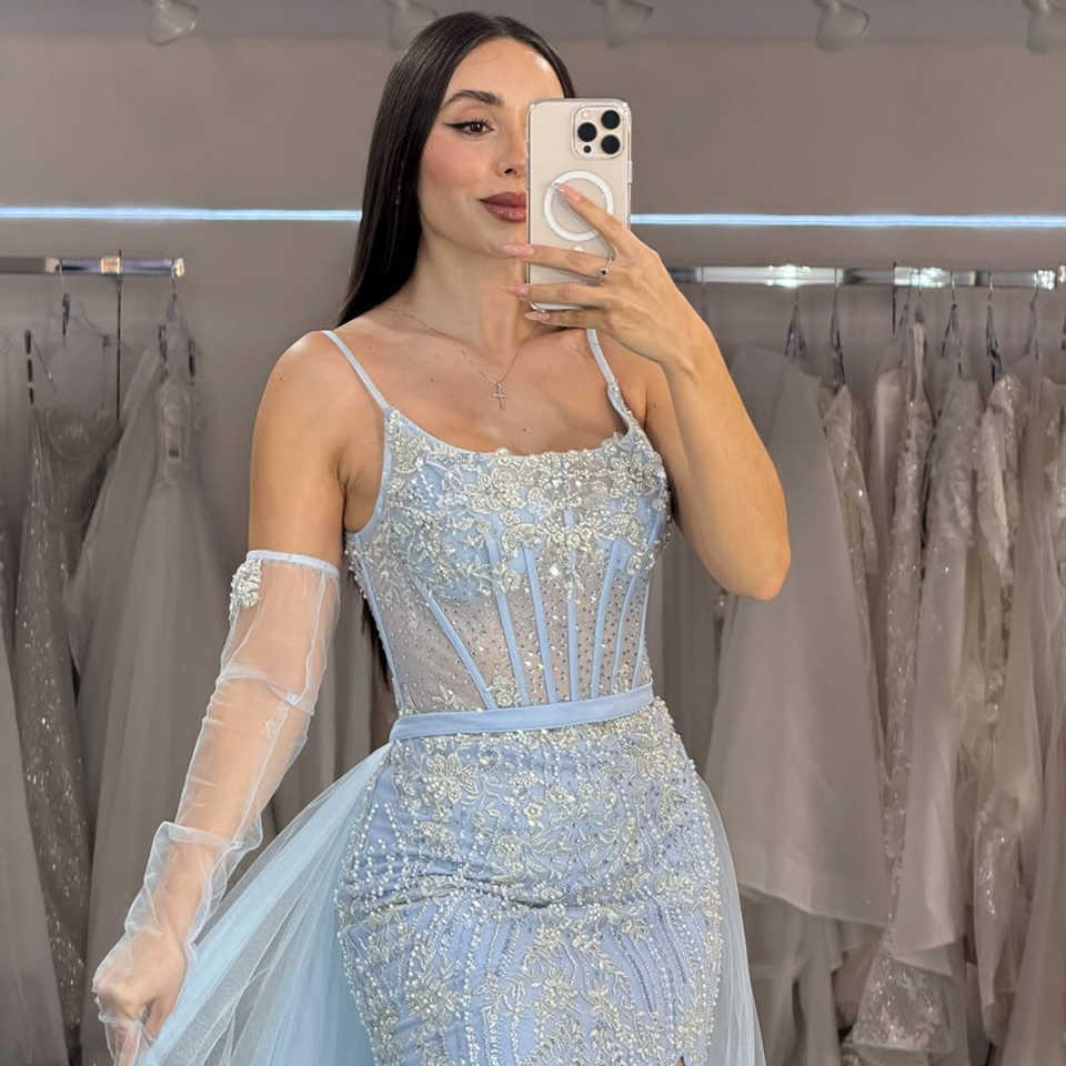 Elegant Mermaid Evening Dresses For Women Spaghetti Strap Sleeveless Gown Appliques Sequins Detachable Train Party Customized Dress