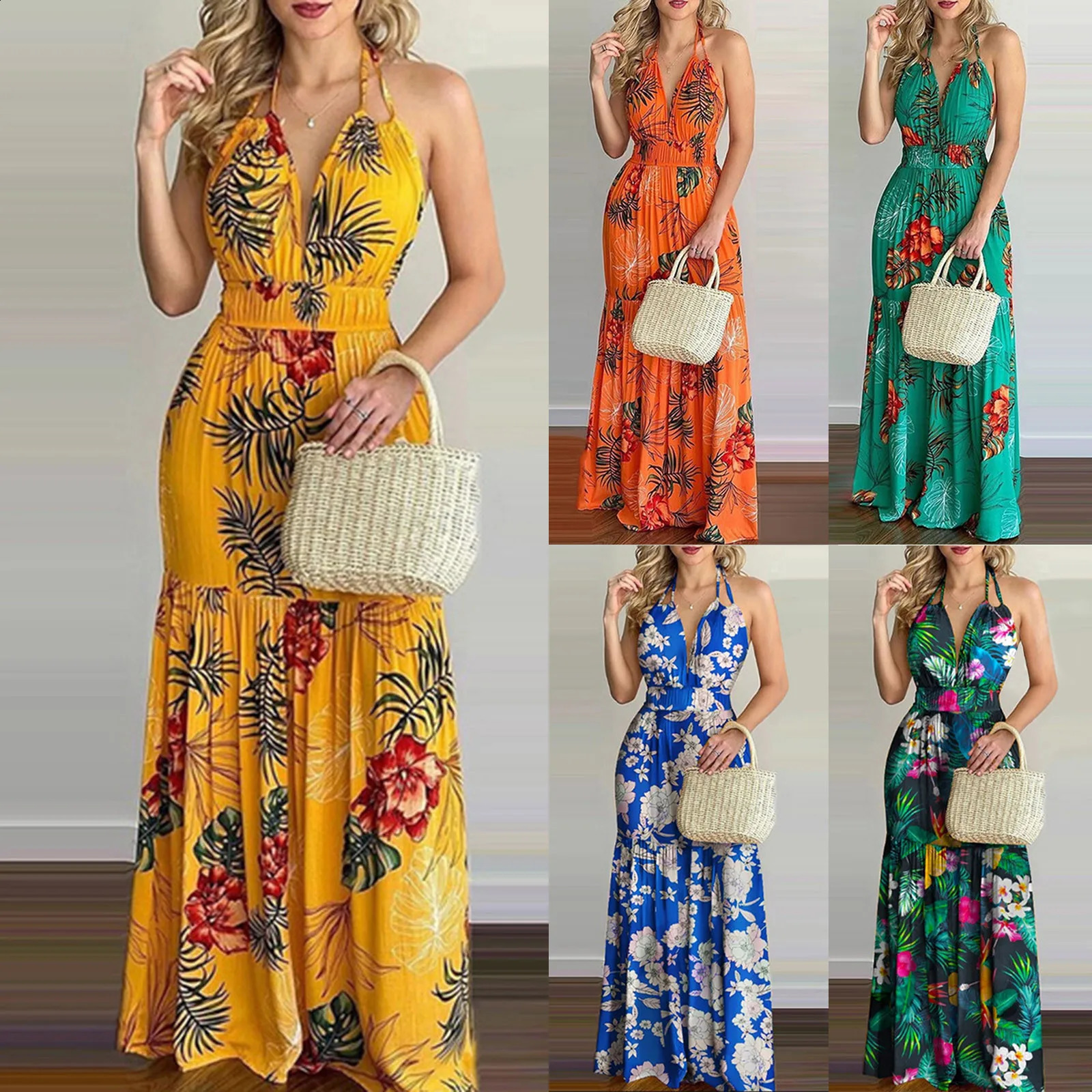 Womens Tropical Print Halter Backless Maxi Dress Sexy Sleeveless Deeep V Beach Chic Elegant Ruffles Pleated Dresses 250305