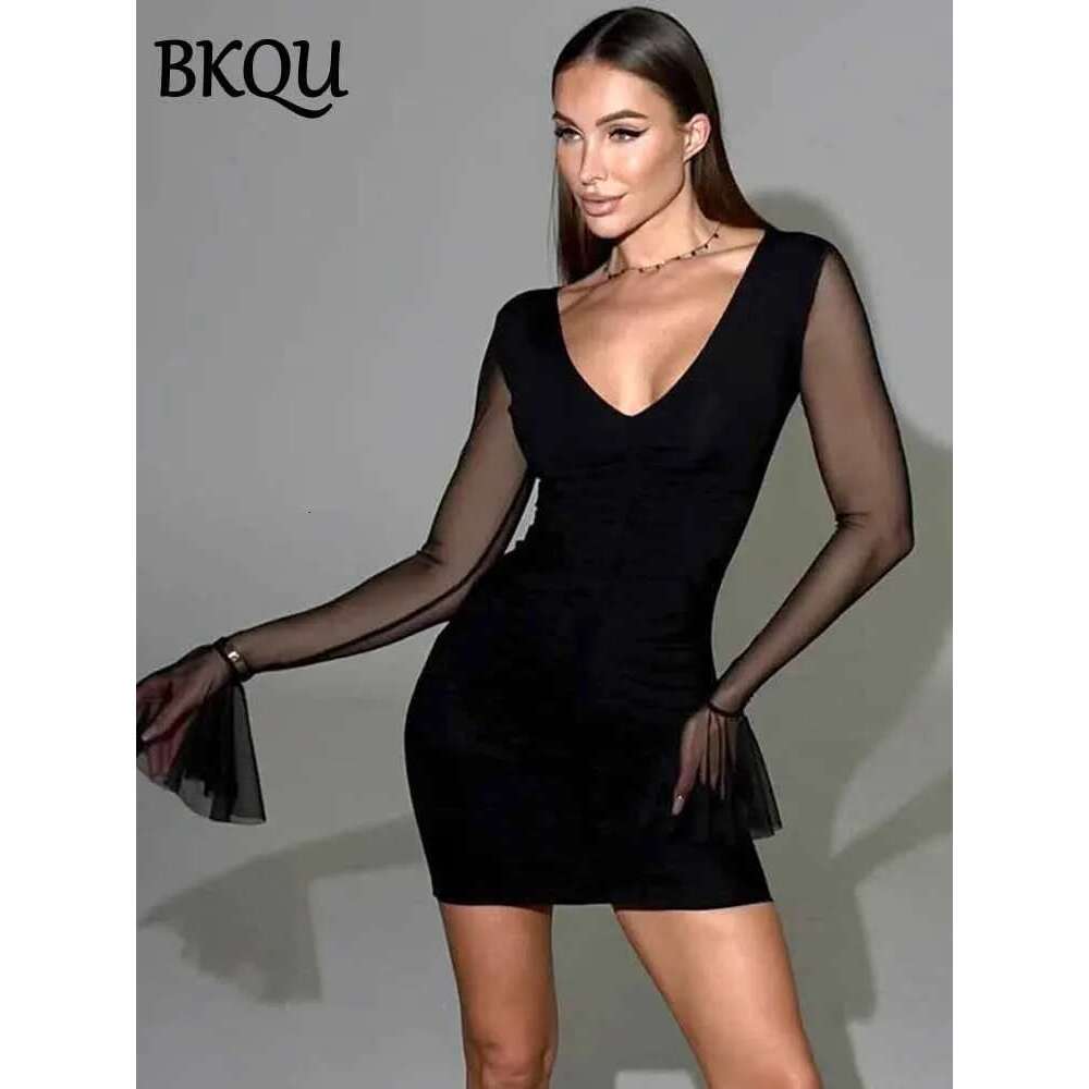 Sexy BKQU V-neck Ruched Mini Bodycon Women's Summer Mesh Patchwork Long Flare Sleeve Elegant Night Club Short Dress 2025