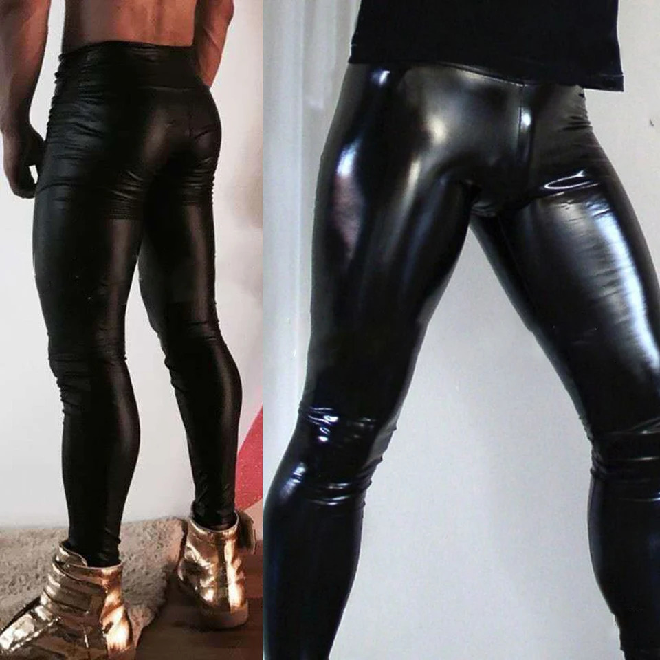 Mens PU leather pants wet appearance slim pockets club clothing stage display stretch latex gloss tight 250304