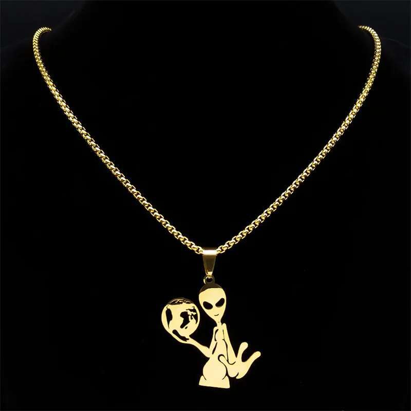 Y2K Alien Earth Pendant Necklace for Women/Men Stainless Steel Humanoid Chain Necklaces Fashion Jewelry collares para mujer