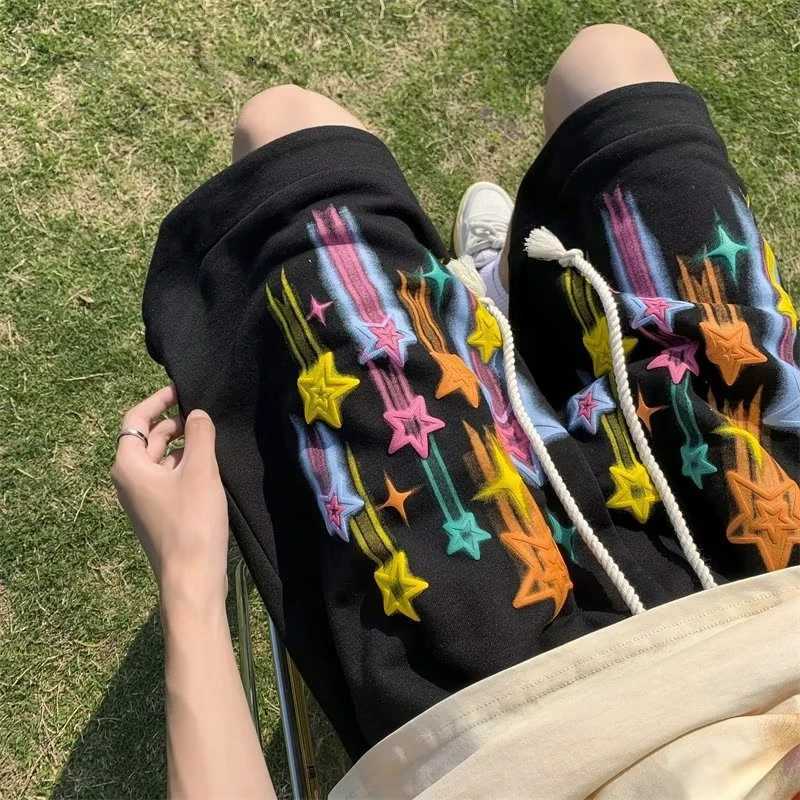 Star Graffiti shorts mens casual Y2k summer shorts hip-hop bag wide leg pants fashionable Harajuku oversized Korean daily sweat pants T250305