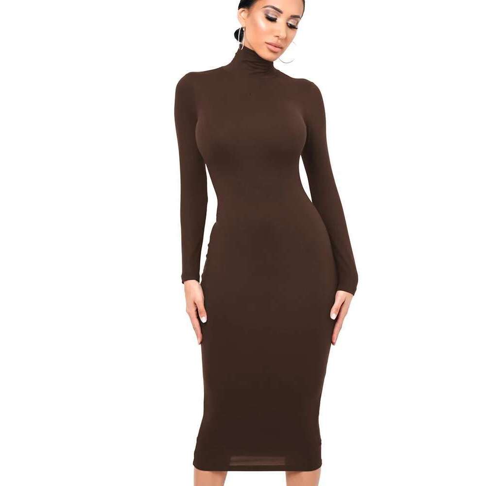 Black Winter Turtleneck Sexy Women Dress Autumn Long Sleeve Skinny Midi Boydcon Casual Blue Plush Knee-Length Party Club KLMY