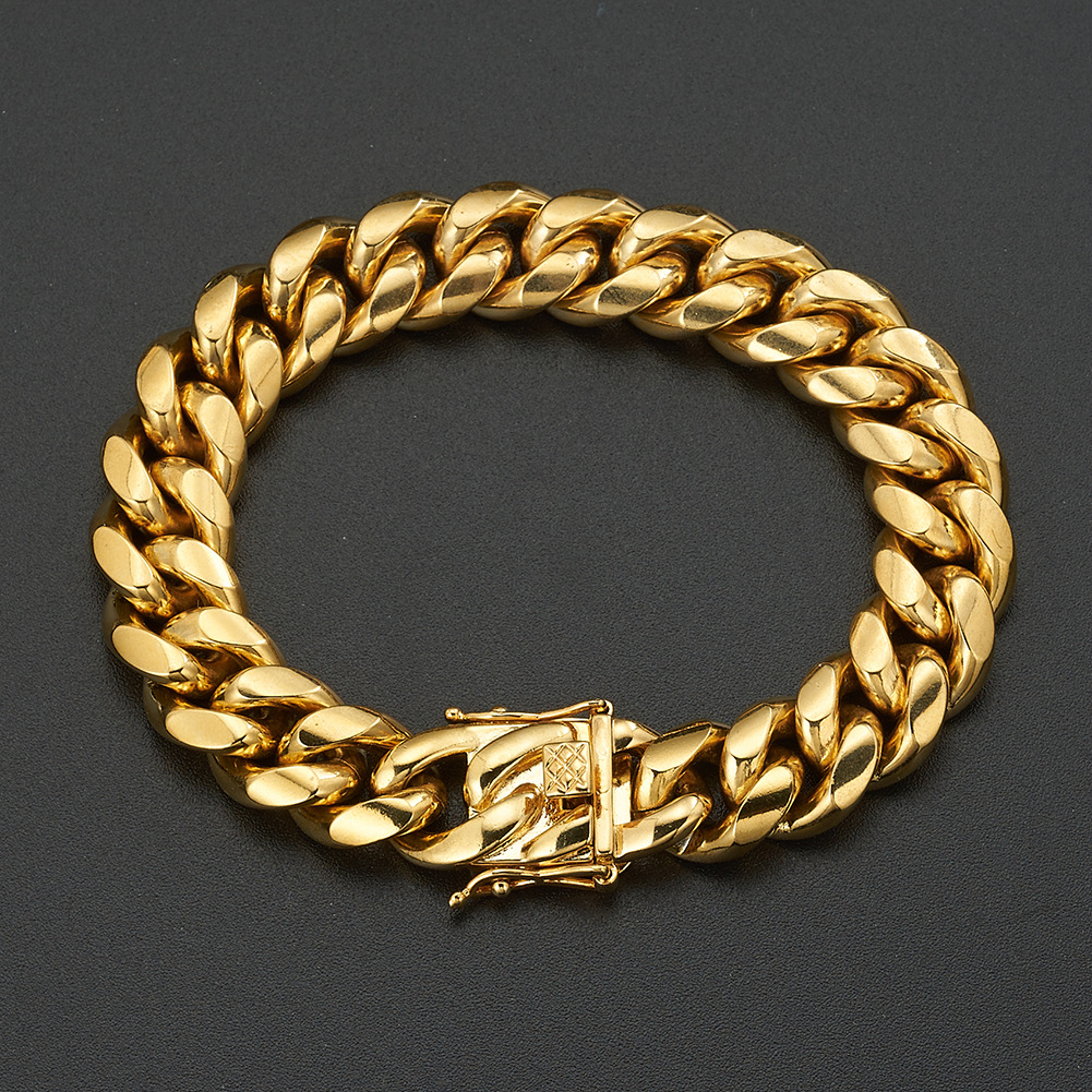 Hip Hop Solid Heavy Stainless Steel Cuban Chain Bracelet 18k Gold Plated Men Sport Jewelry