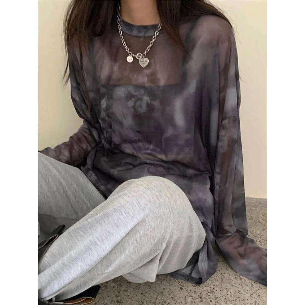 Women T-Shirt Tie Dye Long Sleeve Ladies Spring Loose High Street Stylish Thin Leisure Minimalist Haruku Ins Comfortable Chic KLMY