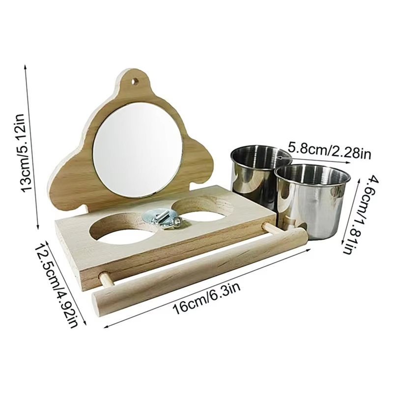 Parrot Perch Wooden Parakeet Mirror Toy Bird Parrot Perch With Mirror And Feeding Cups Cage Play Toy For Lovebird