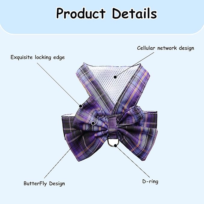Plaid Dog Dress Bow Tie Harness Leash Set, Dog Clothes Harness Dress with Leash Ring for Small Dogs Girl, Puppy Princess Clothes Chihuahua Yorkies Pet