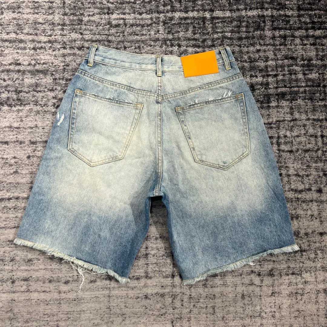Men Summer Ripped Raw Edge Patch Casual Loose Knee Length Denim Shorts Men High Street Beach JeansT250305