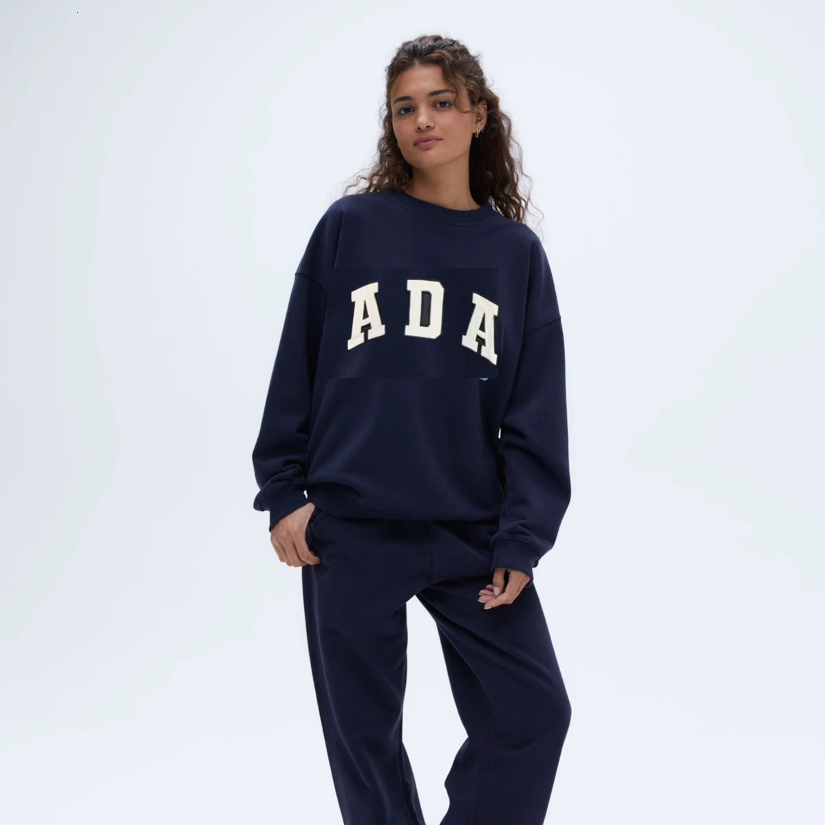 Adanol loose embroideried pure cotton navy round neck sweatshirts for men and women oversized pullover loose jumpers sport tops