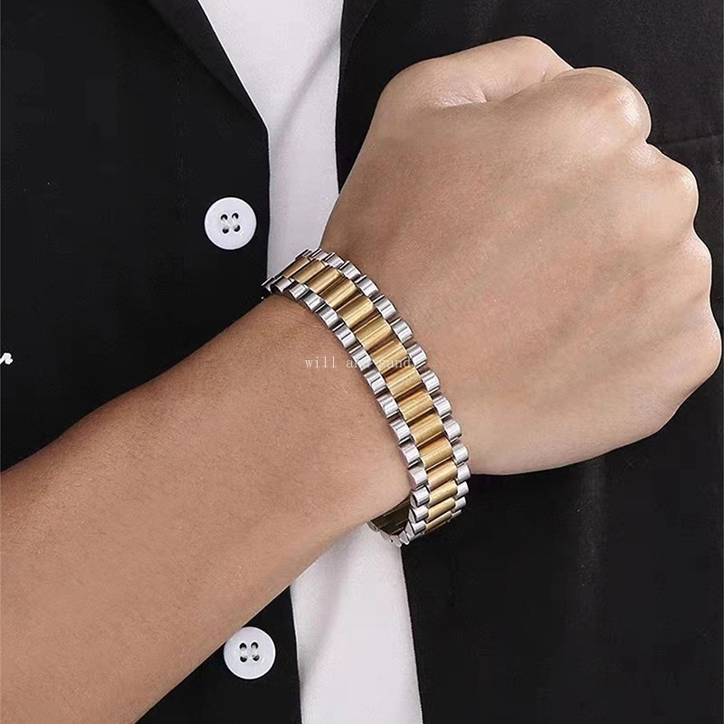 18k Gold Watch Belt Style Bracelet Non Tarnish Stainless Steel Wristband Banlge Cuff Woman Men Fine Jewelry