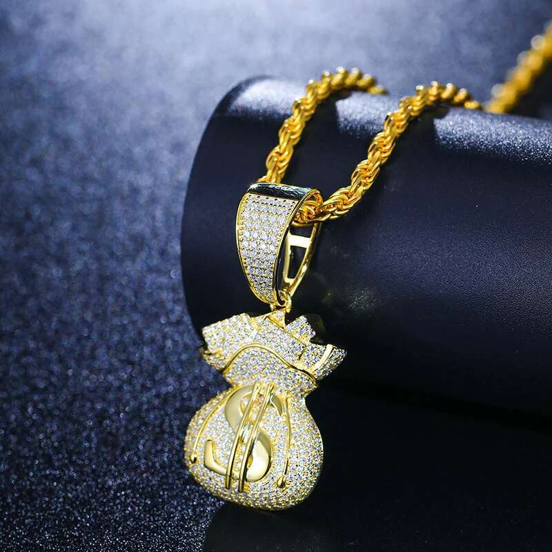 New D Color VVS Moissanite Lucky Money Bag Pendant Necklace Sterg Sier Women Men's Hip Hop Rock Rich Jewelry