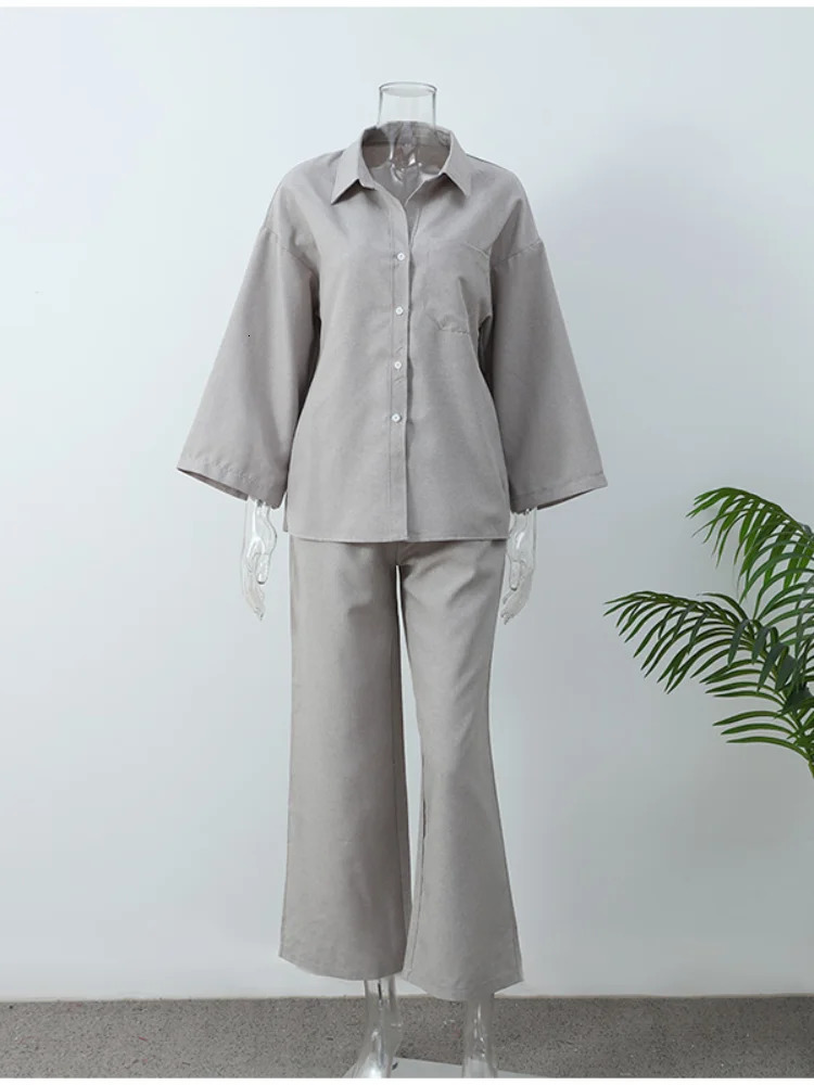 Fashion Cotton Linen Grey Wide Leg Pant Set Women Long Sleeve Single Breasted Shirts Suit 2025 Casual Loose High Streetwear 250304