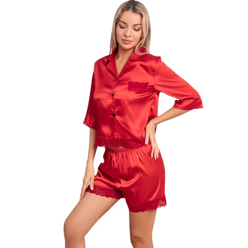 Ladies' Home Comfort Wear for Summer - Sleek Ice Silk Pajama Set with Short Sleeves & Bottoms
