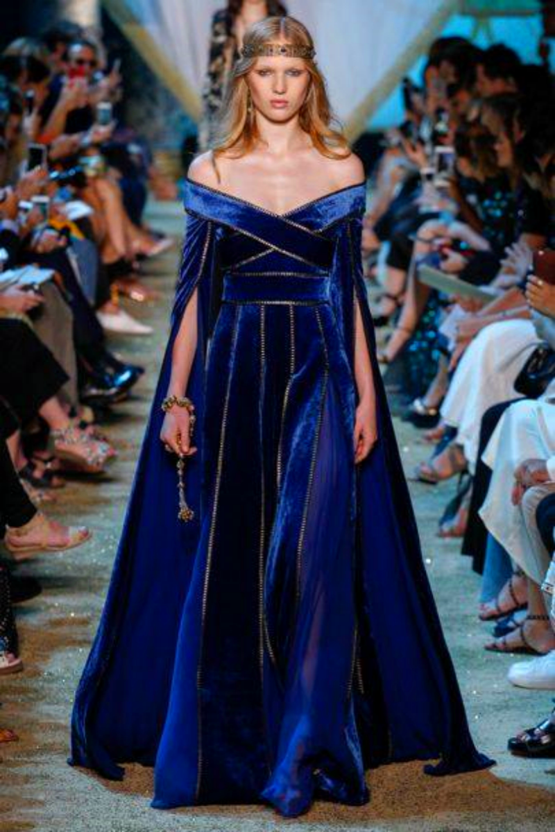Fantasy Royal Blue Velvet Evening Dresses Off Shoulder Long Sleeves Formal Occasion Gown Beading Vintage Prom Dress 2025
