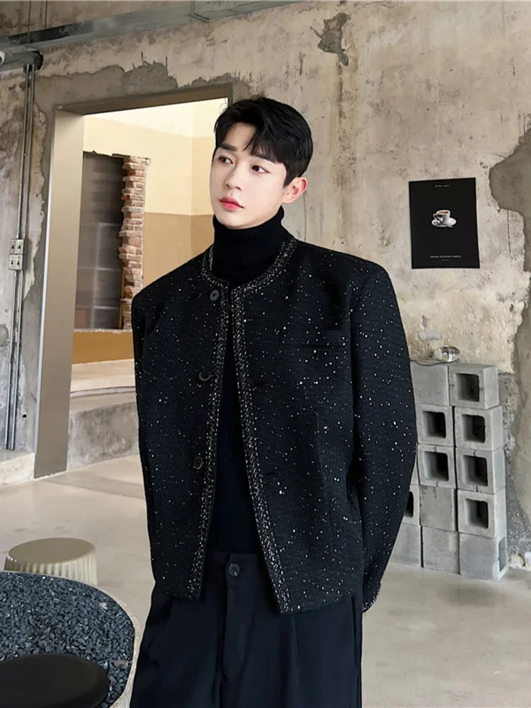 SYUHGFA mens 2024 autumn collarless highquality short loose wool jacket Korean streetwear single chest 250304
